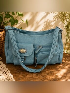 Rosetti Blue Braided Strap Shoulder Bag Multi Pocket Purse